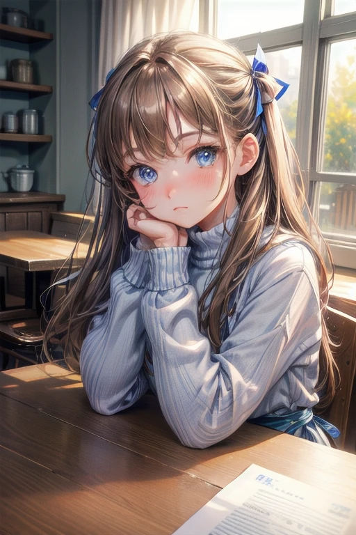 tableトップ, highest quality, 1 girl, alone, long light brown hair, Beautiful blue eyes ，window, sitting, indoors, table, sleeves go over wrists, Cafe, Coffee cup，hair ribbon, headrest, closed mouth, blue sweater, Upper body