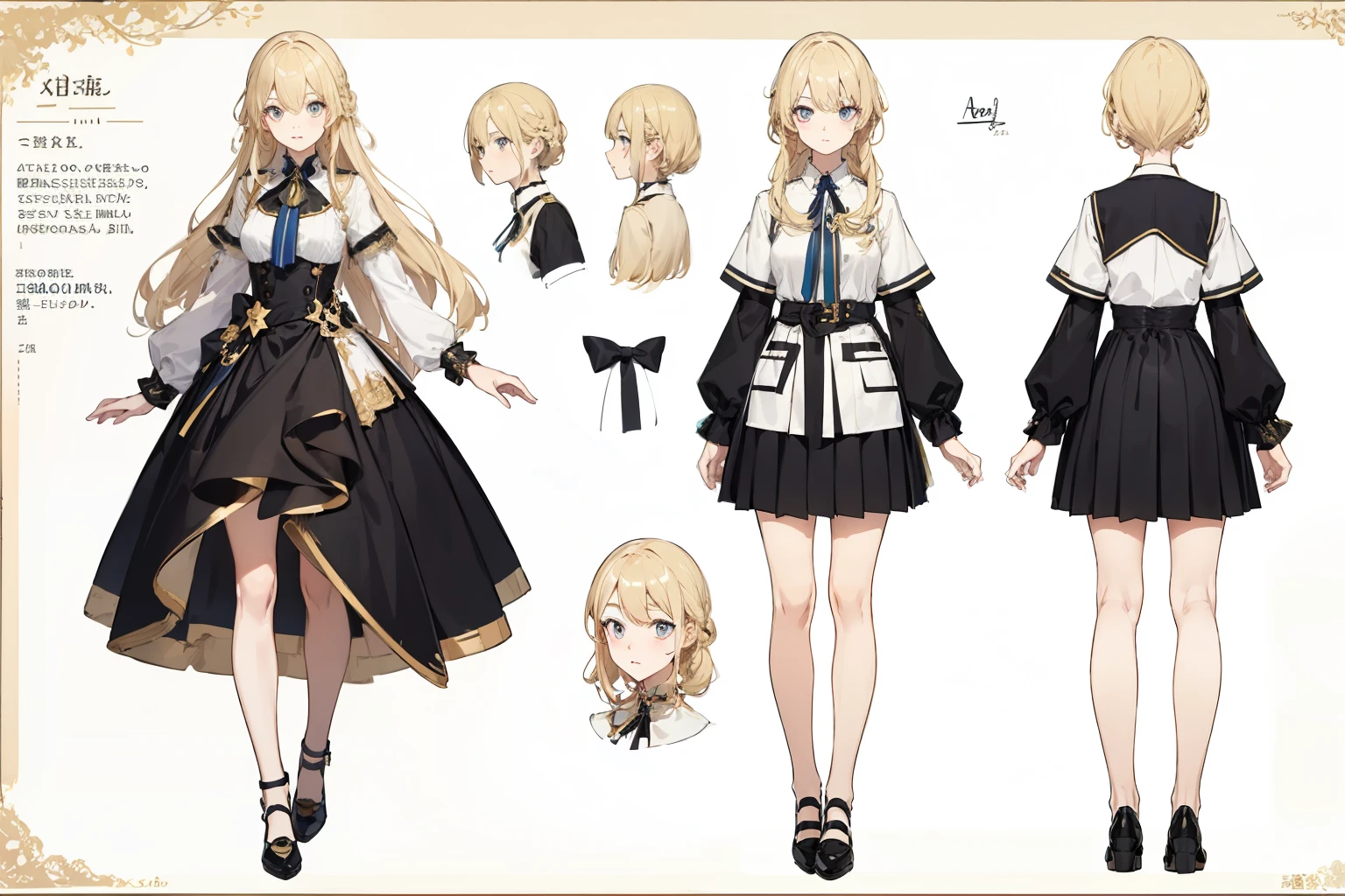 Uniforms，black skirt，white top，fashionable leather shoes， pop color，（character design sheet，front，back，side，same characters），long blonde hair，Thick eyebrows, bust and waist，beautiful blonde，（masterpiece），（（highest quality）），（Super detailed），younger sister，（beautiful eyes beautiful details eyes，clean and delicate face，five fingers，Textile shades，anatomical perfection）