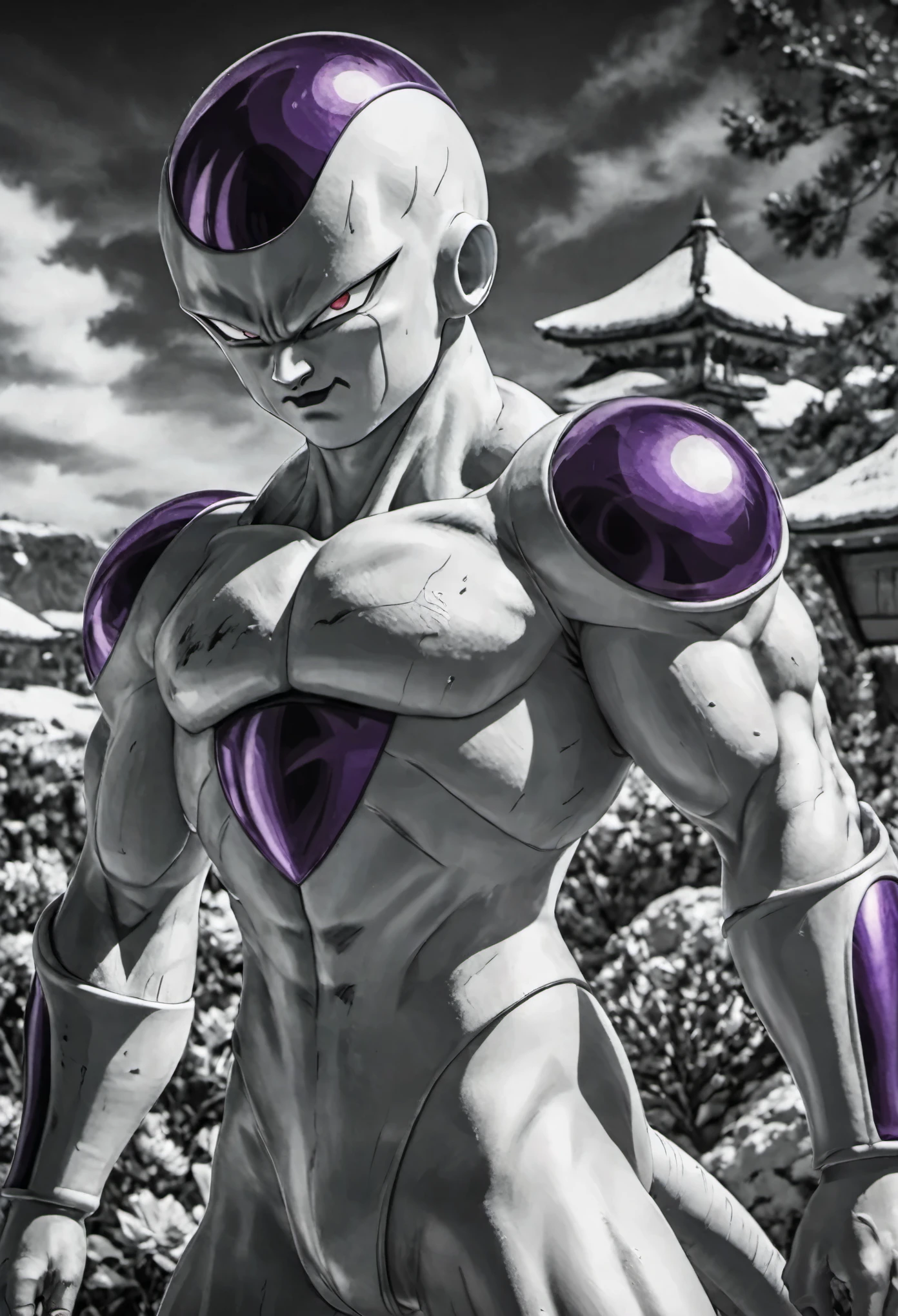 The image shows a powerful and fascinating character from the Dragon Ball series, Freezer. His intimidating appearance and defiant attitude convey a sense of strength and determination. The image captures the essence of this iconic villain, with his imposing physique and piercing gaze that seem to challenge anyone who stands in his way. It is a visually impressive high definition representation of this iconic character from the Dragon Ball franchise, set in space in the background