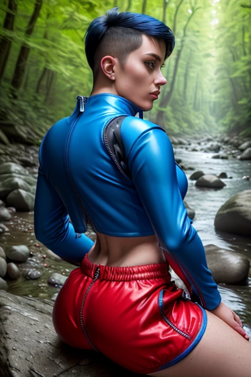 8k, best quality, (photorealistic:1.4), raw photo, 1man, (blue hooded crop top with long sleeves), pose: sitting on a rock in a river forest, (red shorts with rear zipper:1.3), side view, latex, (legs apart), facing camera, male features, (zipper in butt crease:1.4), (high cut crop top:1.6)