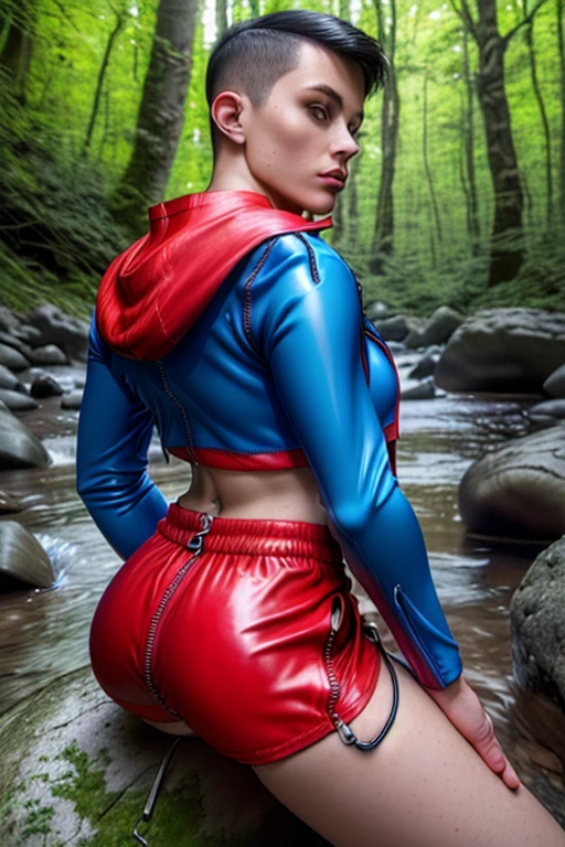 8k, best quality, (photorealistic:1.4), raw photo, 1man, (blue hooded crop top with long sleeves), pose: sitting on a rock in a river forest, (red shorts with rear zipper:1.3), side view, latex, (legs apart), facing camera, male features, (zipper in butt crease:1.4), (high cut crop top:1.6)
