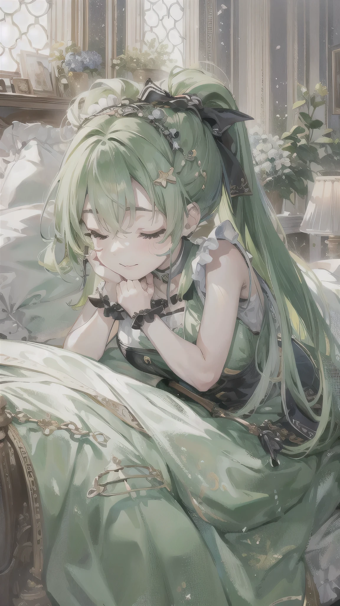 perfect anatomy, masterpiece:1.4, best quality, 8k, in the bedroom, (forcus face), (hand in front of chin on bed) (solo sleeping Ponytail green hair long hair cute girl, 15 yo, cute closed eyes, grossly mouth), break, in a maid uniform, in the evening.