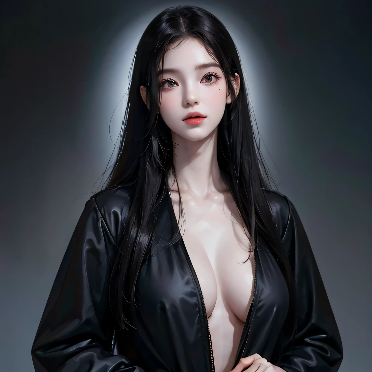 Beautiful girl with realistic black eyes, pale skin, medium length black hair, perfect face, perfect eyes, wearing a coat, very detailed, comprehensive movie, digital painting, 8K, cinematic lighting, highest quality, High resolution, well done!, Post-processing, perfect result, surreal,(((revealing clothes))),big breasts,erect nipples