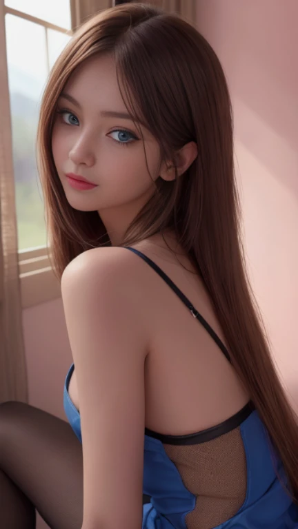 8K, highest quality, intricate details, Super detailed, ultra high resolution, masterpiece, random angle, thin, smile, close up shot, (compensate: 0.4), (ふわふわのblue eyes: 1.21), blue eyes, looking at the viewer, ((full body)), 1 girl, alone, 1 girl, (( full body)), close up shot, , ((expensive)), (((fit the body))), (((slim face))), sharp face, clear eyes, ((( brown hair, Pink Mesh,long hair, )) , (detailed face), sharp face, thin lips, ((black costume)), ((Black Camisole Dress)), detailed face, detailed chest, , Soft-looking chest, detailed butt,perfect body, leg details,Korean beauty,Hosomi,



