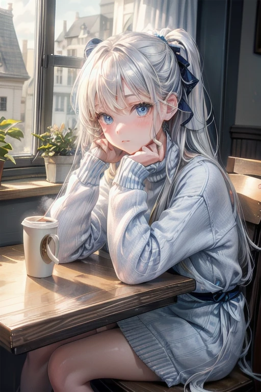 tableトップ, highest quality, 1 girl, alone, Long silver hair, Beautiful light blue eyes ,window, sitting, indoors, table, sleeves go over wrists, Cafe, Coffee cup,hair ribbon, headrest, closed mouth, blue sweater, Upper body