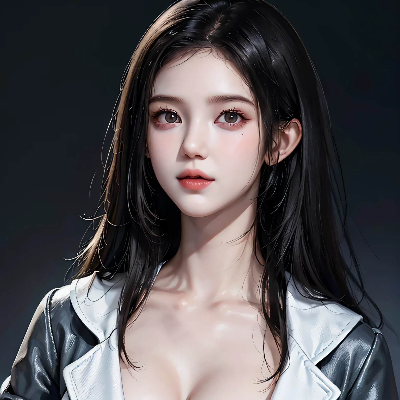 Beautiful girl with realistic black eyes, pale skin, medium length black hair, perfect face, perfect eyes, wearing a coat, very detailed, comprehensive movie, digital painting, 8K, cinematic lighting, highest quality, High resolution, well done!, Post-processing, perfect result, surreal，(((revealing clothes)))，big breasts，erect nipples