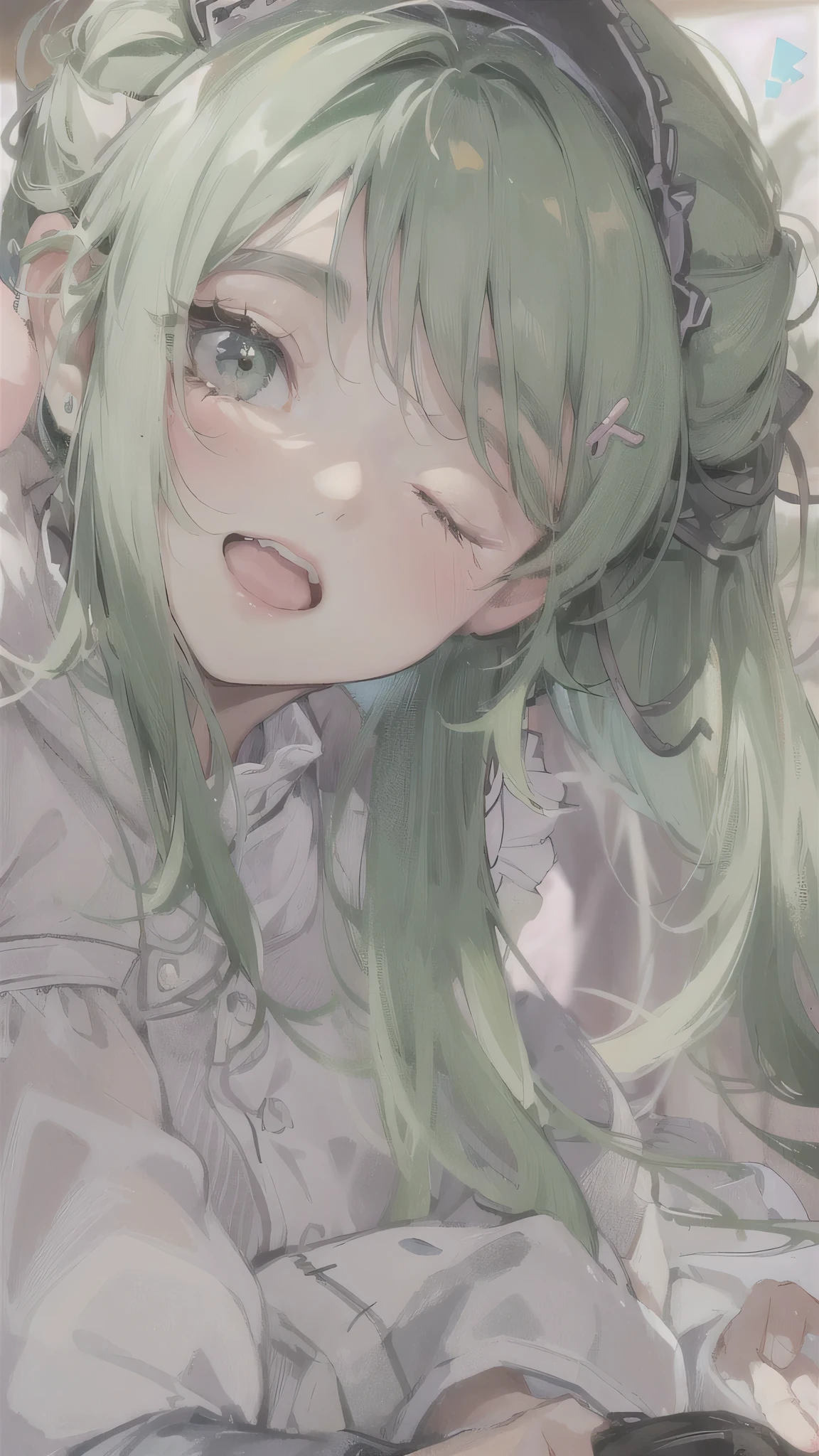 perfect anatomy, masterpiece:1.4, best quality, 8k, in the bedroom, (forcus face), (hand in front of chin on bed) (solo sleeping Ponytail green hair long hair cute girl, 15 yo, cute closed eyes, grossly mouth), break, in a maid uniform, in the evening.