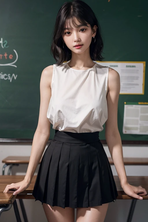 absurdres, RAW photo, extremely delicate and beautiful, masterpiece, Best Quality, ultra high resolution, 16k, hyperrealistic, ultra-detailed, perfect anatomy, super Detailed skin, perfect figure, Very detailed CG 8k wallpaper, in her 20s, very Slim body, narrow waist, very small head, very small face, delicate facial features, tearful mole, earring, thin legs, (very huge round breasts:1.2), (full body shot:1.1), (1 girls:1), short hair, (wavy hair:1.1), (school uniform:1.2), sleeveless, unbotton shirt, super mini skirt , inside modern dark classroom