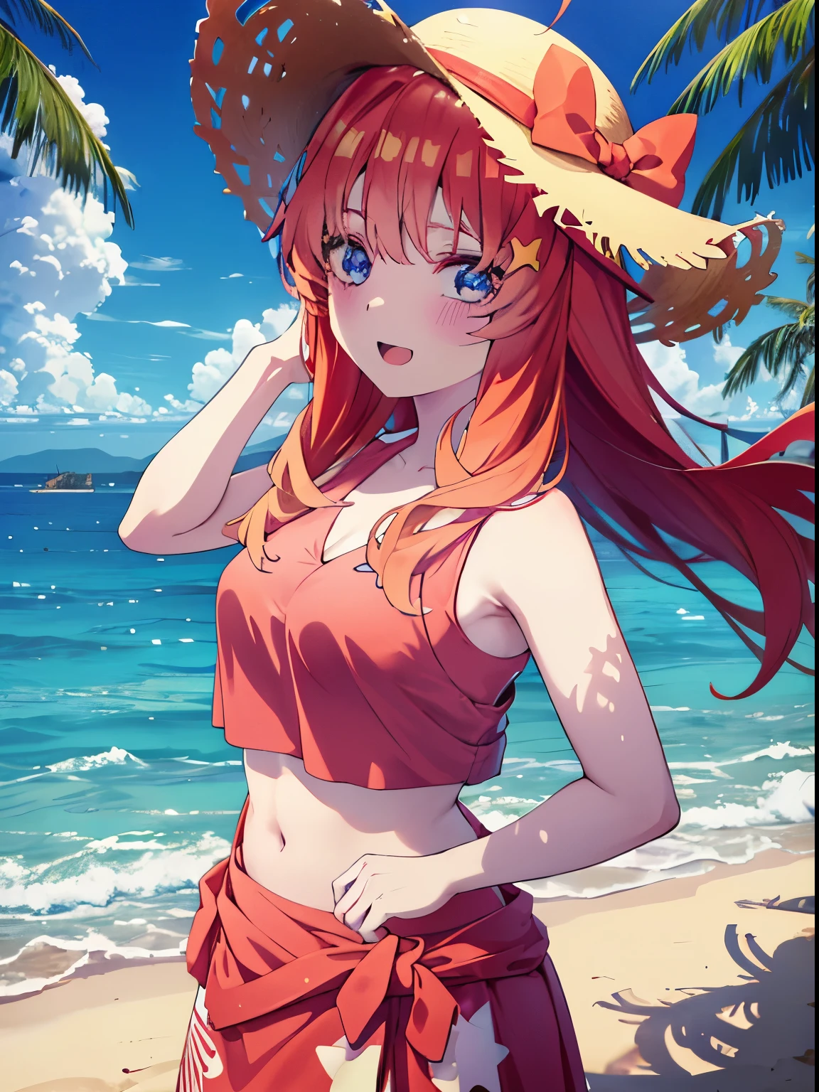 itsukinakano, itsuki nakano, bangs, blue eyes, hair between eyes, Ahoge, redhead, star \(symbol\), hair ornaments, star hair ornaments,happy smile, smile, open your mouth,skirt,big straw hat,Red Bikini Swimsuit,naked belly,A light red blanket is wrapped around his waist..., (beach salon),  big breasts,((salon)), beach outfit,real summer,Palm tree,Belly button soup,
break outdoors, beach,
break looking at viewer, (cowboy shot:1.5),
break (masterpiece:1.2), highest quality, High resolution, unity 8k wallpaper, (shape:0.8), (fine and beautiful eyes:1.6), highly detailed face, perfect lighting, Very detailed CG, (perfect hands, perfect anatomy),