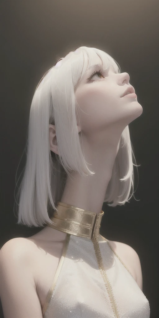 best quality, masterpiece,white hair, gold eyes,white clothes, looking up, upper body