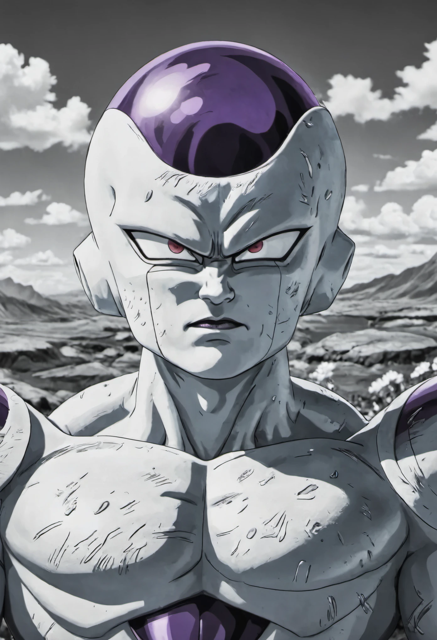 The image shows a powerful and fascinating character from the Dragon Ball series, Freezer. His intimidating appearance and defiant attitude convey a sense of strength and determination. The image captures the essence of this iconic villain, with his imposing physique and piercing gaze that seem to challenge anyone who stands in his way. It is a visually impressive high definition representation of this iconic character from the Dragon Ball franchise, set in space in the background