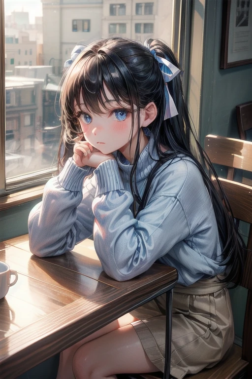 tableトップ, highest quality, 1 girl, alone, long black hair, Beautiful light blue eyes ,window, sitting, indoors, table, sleeves go over wrists, Cafe, Coffee cup,hair ribbon, headrest, closed mouth, blue sweater, Upper body