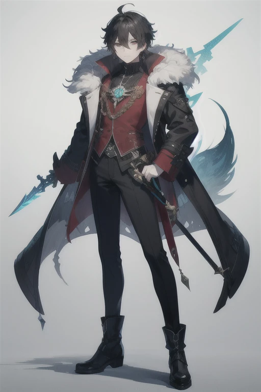 ((best quality)), ((masterpiece)), (detailed), perfect face 1boy in a red coat and black pants with a sword, genshin impact character, noble character design, , anime character design, character adoptable, keqing from genshin impact, shadowverse design, male , black hair with white highlights gradient, male punk theme,fur-trimmed jacket,wolf theme messy hair, mullet hair, with earring and pieces, aqua green amulet,full body