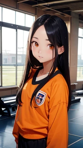 highest quality、realistic、Japanese、girl、whole body、look at the camera、cute、orange eyes、long hair、black hair、all back、Forehead is coming out、playground、Jersey、Gym suit、arms folded、Standing in honor
