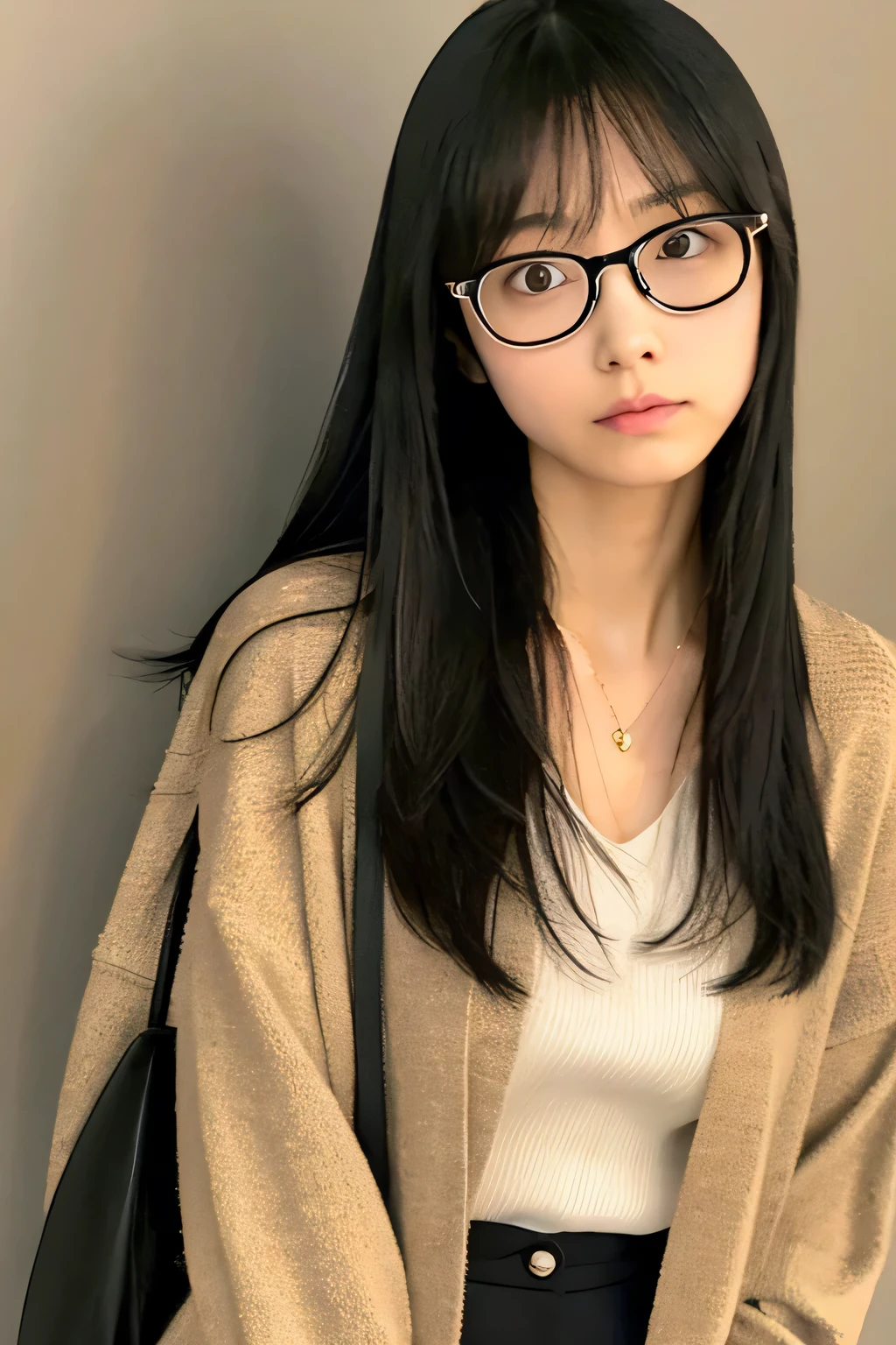 Japanese、black hair、long hair、wear glasses、The glasses are thin and black-rimmed.、Unsophisticated、wearing a beige cardigan