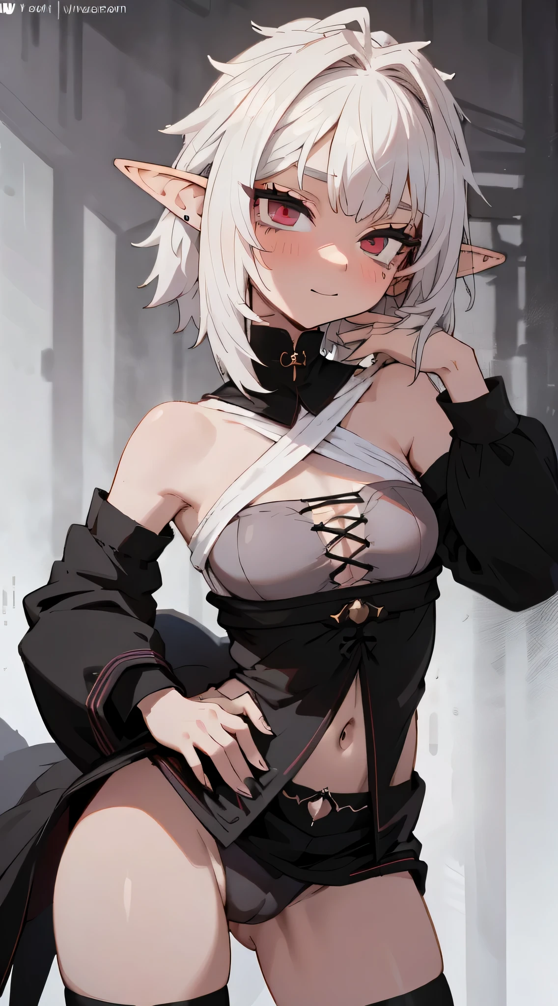 8k, masterpiece, highest quality, best quality, official art, beautiful and aesthetic, extremely detailed, (fractal art: 1.3), colorful, highest detailed, perfect face, upper body, HDR, sexy, wide hips, thicc figure, Detailed face, Detailed eyes, red eyes, perfect face, perfect eyes, ( 1elf, 1 female elf, 1girl, trans, futa, futanari, big ass, slim waist, pretty face, long white hair, sharp jawline, he is sexy, she is beautiful, she has black eyeliner, he has makeup, she has a girly face, she is tanned, she has big , she is blushing, she wears blush, hips wider than shoulders, slim torso, black lipstic, e-girl makeup, blushing, pretty, sharp jawline, red eyes, cute, thigh high socks, goth clothes, black skirt, black crop top, black lipstick, black eyeliner, cute smile, Goth, goth priestess, RAVEN, goth makeup, goth clothes, white hair, wolf cut, bulge, bulge in underwear, genitalia outline, 3d art, 3d style