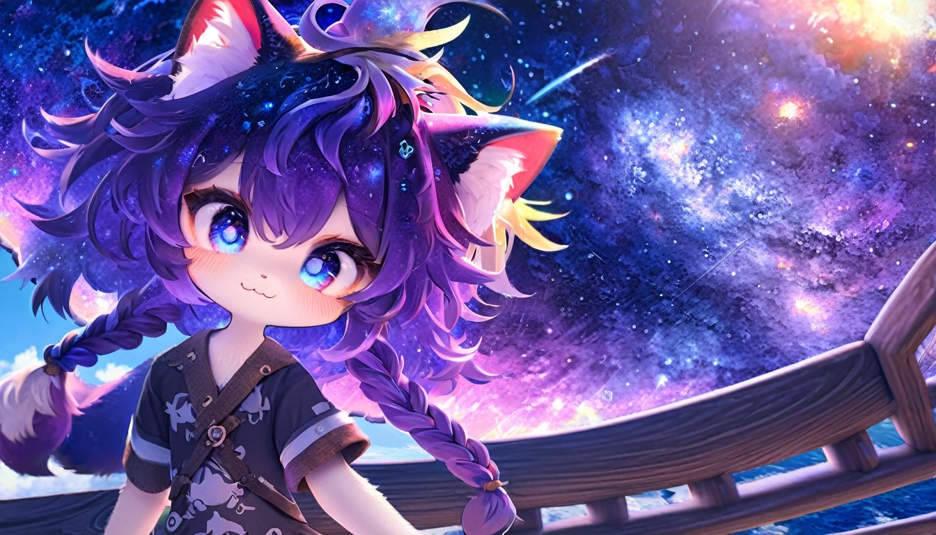 #quality(8k,wallpaper of extremely detailed CG unit, masterpiece,hight resolution,top-quality,top-quality real texture skin,hyper realisitic,increase the resolution,RAW photos,best qualtiy,highly detailed,the wallpaper),solo,#1catgirl(cute, kawaii,small ???,hair color cosmic,braid hair,messy hair,eye color cosmic,big eyes,smile,have an eyepatch on right eye,smirk,pirates costume,dynamic pose,dinamic action,dynamic angle:1.4,full body),#background(on the wooden ship,beautiful sea,simple),(dynamic angle:1.6),draw human hand very correctly,