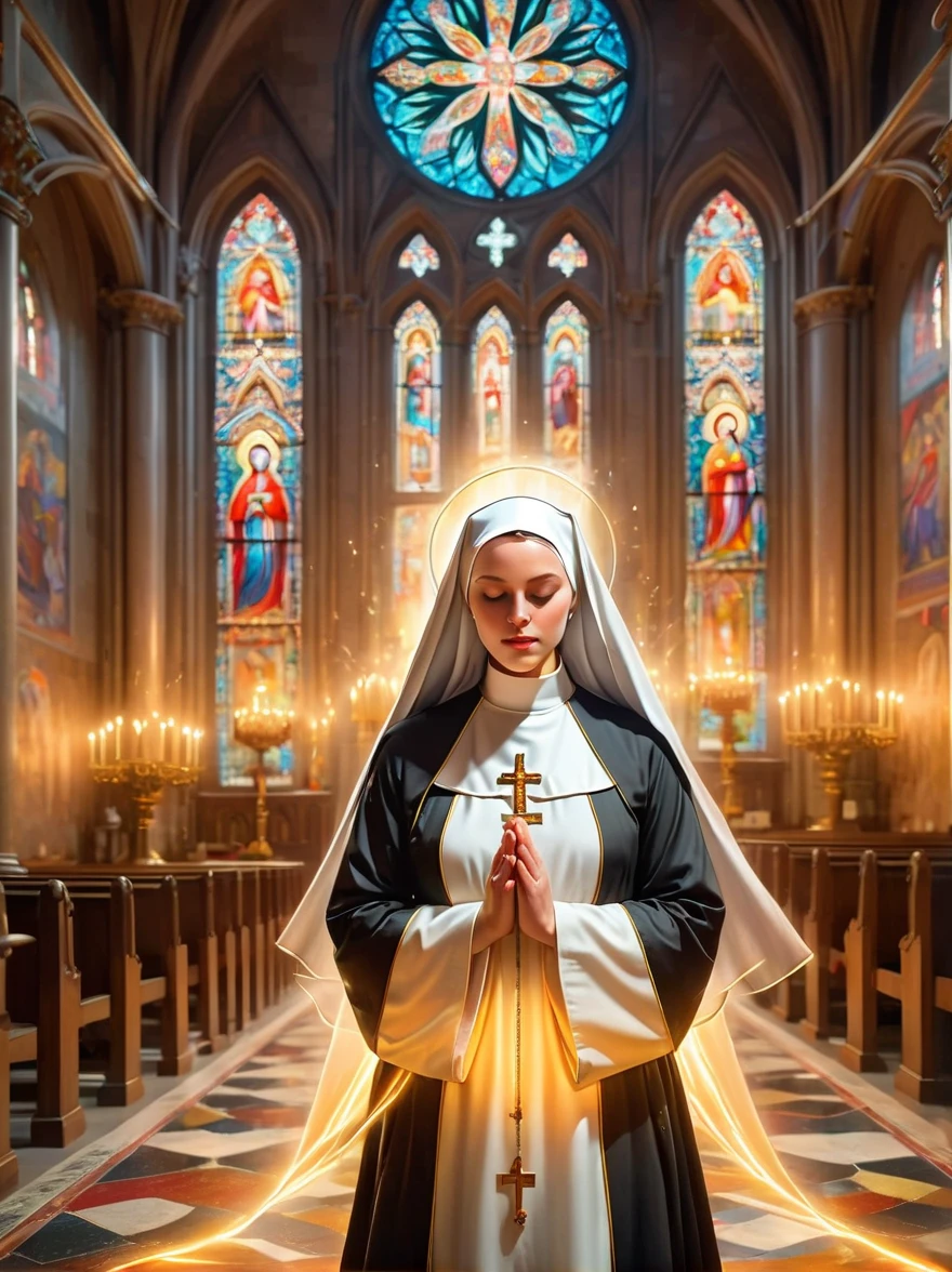 (nun in beautiful church:1.6), Religious atmosphere, stained glass windows, sacred tranquility, intricate details, peaceful atmosphere, calm expression, graceful posture, Sacred Silence, bright colors, Calm gaze, gentle brushstrokes, ethereal light, eternal beauty, quiet spirituality, Divine inspiration, Divine piety, thin coat of varnish, Composition with delicate brushstrokes, subtle shades, Charming atmosphere, divine light, religious icons, Peaceful solitude, enlightenment, devotional experience, Meditation of tranquility, deep tranquility, Realistic, Neon lights, (Liquid light background), (UHD), (8k), masterpiece, ccurate, anatomically correct, textured skin, super detail, high details, award winning, best quality