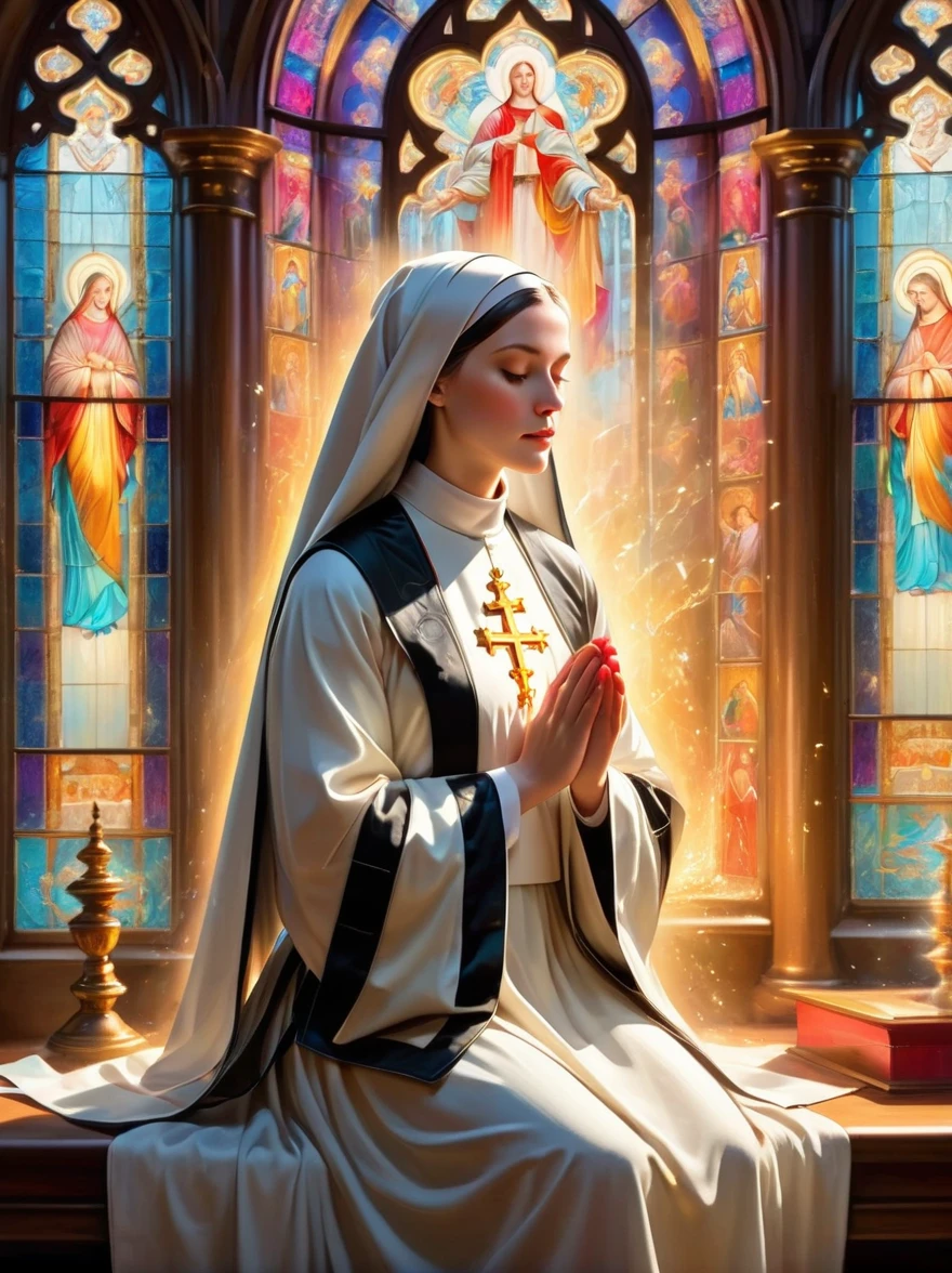 (nun in beautiful church:1.6), Religious atmosphere, stained glass windows, sacred tranquility, intricate details, peaceful atmosphere, calm expression, graceful posture, Sacred Silence, bright colors, Calm gaze, gentle brushstrokes, ethereal light, eternal beauty, quiet spirituality, Divine inspiration, Divine piety, thin coat of varnish, Composition with delicate brushstrokes, subtle shades, Charming atmosphere, divine light, religious icons, Peaceful solitude, enlightenment, devotional experience, Meditation of tranquility, deep tranquility, Realistic, Neon lights, (Liquid light background), (UHD), (8k), masterpiece, ccurate, anatomically correct, textured skin, super detail, high details, award winning, best quality