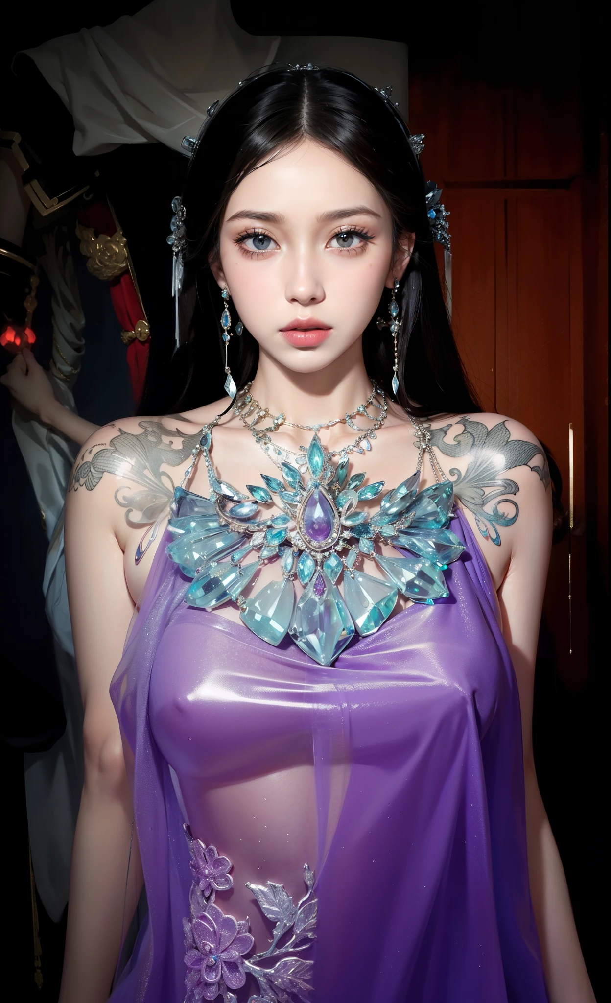 Royal sister,exquisite eyes,Frozen queen,put the crown on your head,Detailed facial expressions body,tall figure,Gorgeous,Leg length,4K,HD,Sensual,translucent lace,白皙plump figure,pretty face,Little cherry mouth,beautiful and delicious(3D royal sister),plump figure,gloss gel coat,Queen in luxurious dress,Crystal Gem Crown,Necklace jewelry,black tattoo(whole body),The tattoo is very three-dimensional,Gorgeous and intricate tattoo designs,tattoo queen,8k超HD,