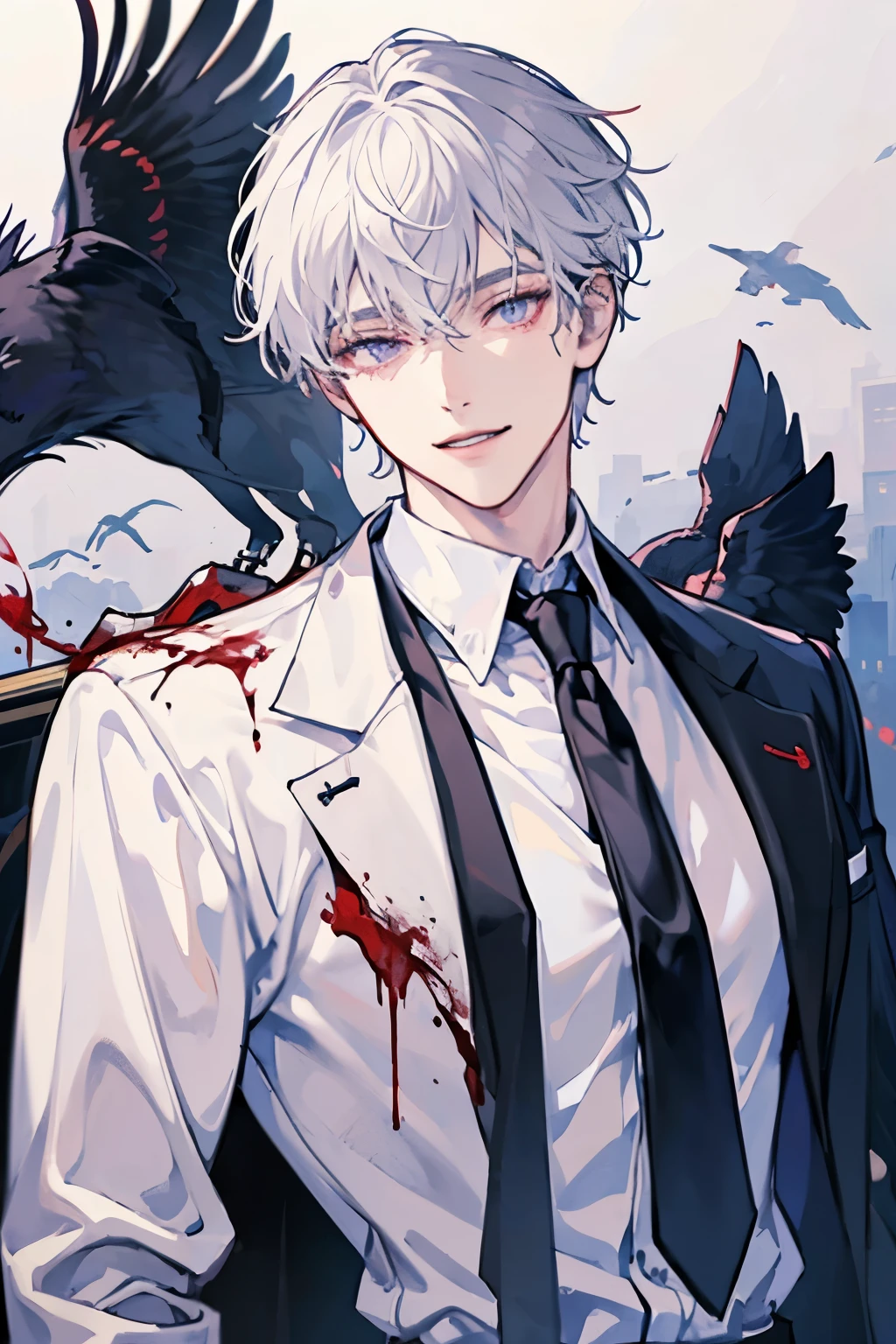 (masterpiece, best quality), solo, male focus, 1male, white collared shirt, (blood_on_clothes), white hair, purple eyes, smile facial, black necktie, black coat, skulls, crows