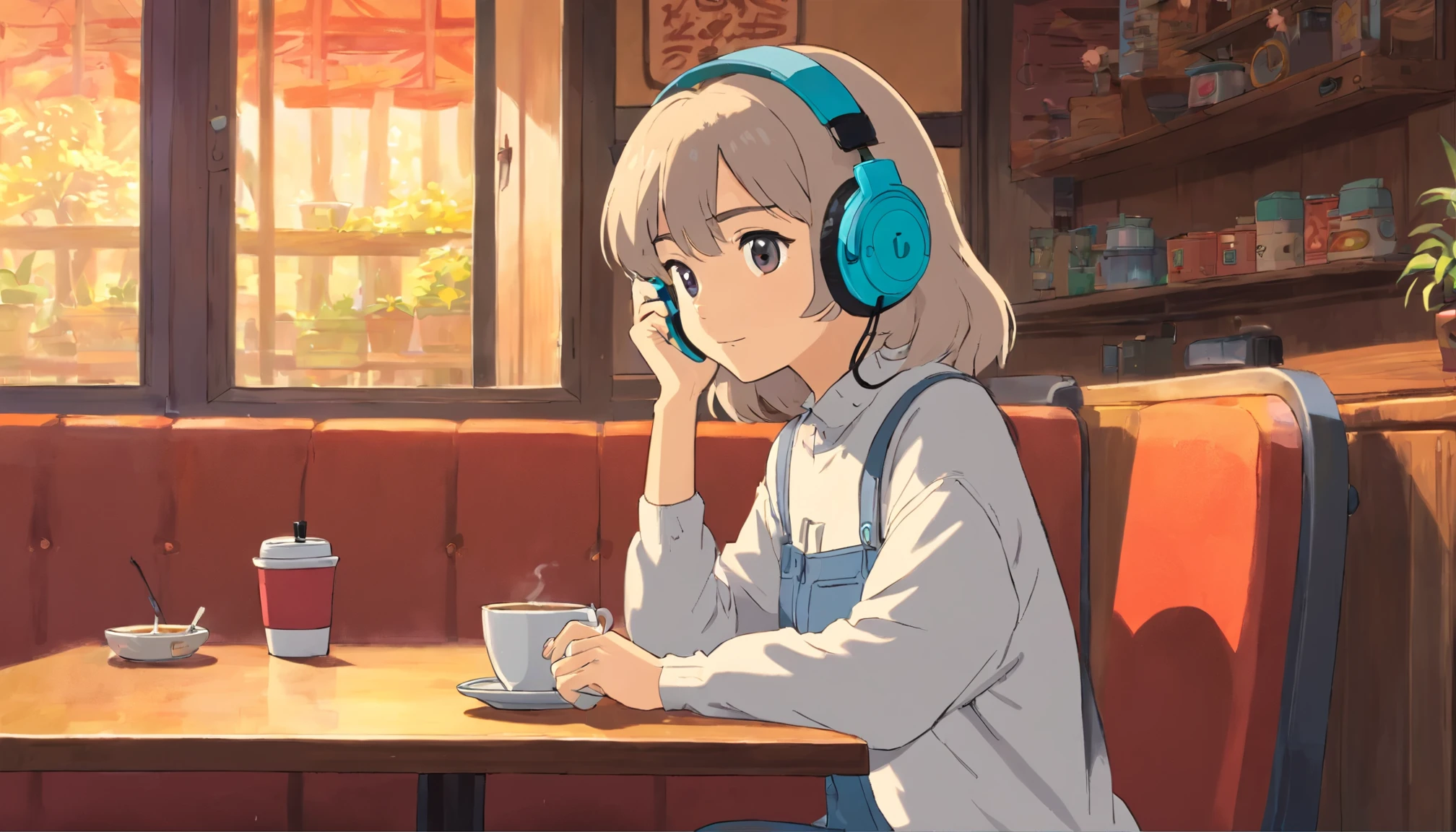 Cartoon of a woman sitting at a table wearing headphones,  zero, A cup of coffee on the table,Erogeo Art Style, arte lofi, Hip Hop Lofi, portrait of lofi, lofi sensation, zero vibrations, zero, Lofi girl aesthetics, vibe zero, cores zero, lo fi art, Loffi aesthetics, lo-fi illustration style, Chill Hop