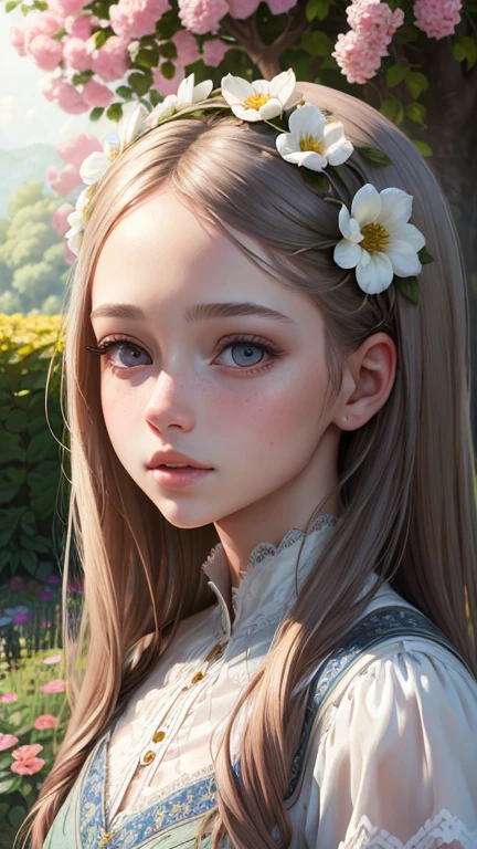 A girl in a garden,beautiful detailed eyes,beautiful detailed lips,extremely detailed eyes and face,longeyelashes,illustration,ultra-detailed,hdr,vivid colors,(best quality,4k,8k,highres,masterpiece:1.2),landscape,bokeh,soft natural lighting