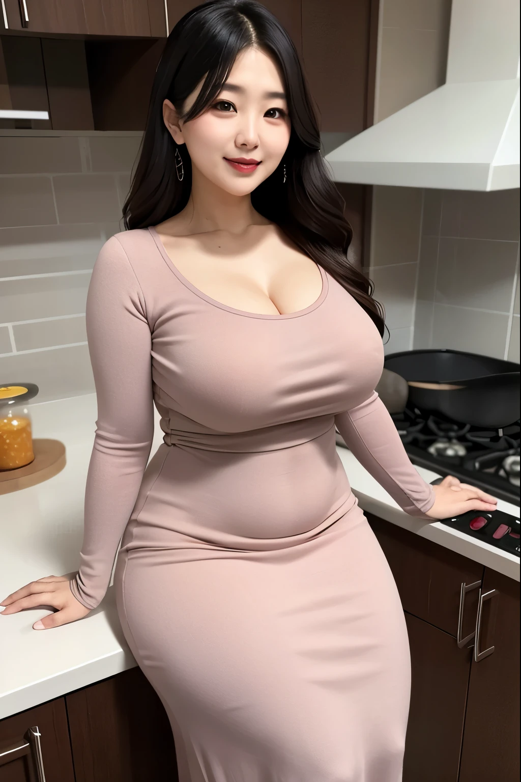 Beautiful, mother-in-law, japanese, voluptuous, maxi knit dress, In the kitchen, seducrive expression,