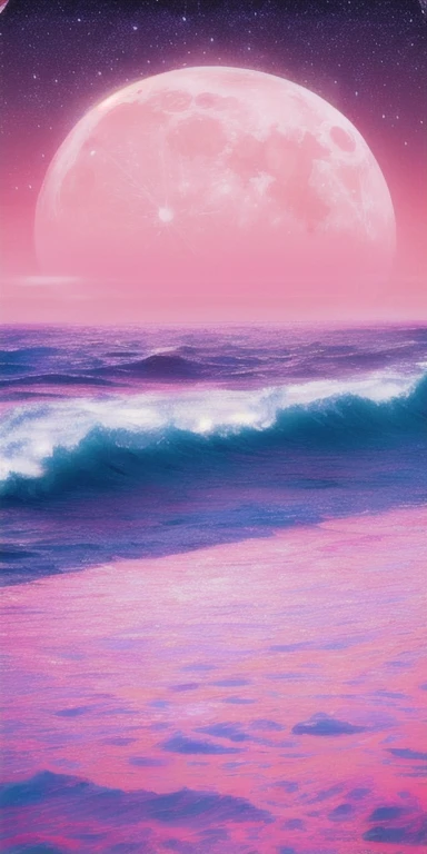 pink moon, pink sky, Soft pink clouds, pink ocean waves Glittering, Glittering, Pink roses on a pink ocean, fantasy, diamond, crown, universe, soft light,
