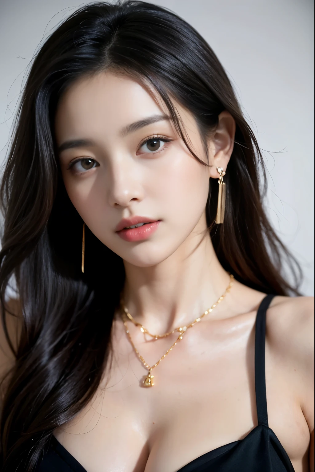 (masterpiece:1.3), (8 thousand, realistic, RAW photos, best quality: 1.4), (1 woman),(very sexy), (Beautiful makeover), (유난히 아름다운 realistic 얼굴), (Build a beautiful body) , (beautiful face), (beautiful face),  (long eyelashes),  (double eyelid), (realistic face), (black hair. parted, long hair:1.3), (아름다운 parted스타일), (realistic eyes), (really beautiful and delicate eyes), (realistic skin), (beautiful skin), (absurd), (attractive), (ultra high resolution), (extremely realistic), (very detailed), (golden ratio),   (necklace),  (earring), (So beautiful and sexy)