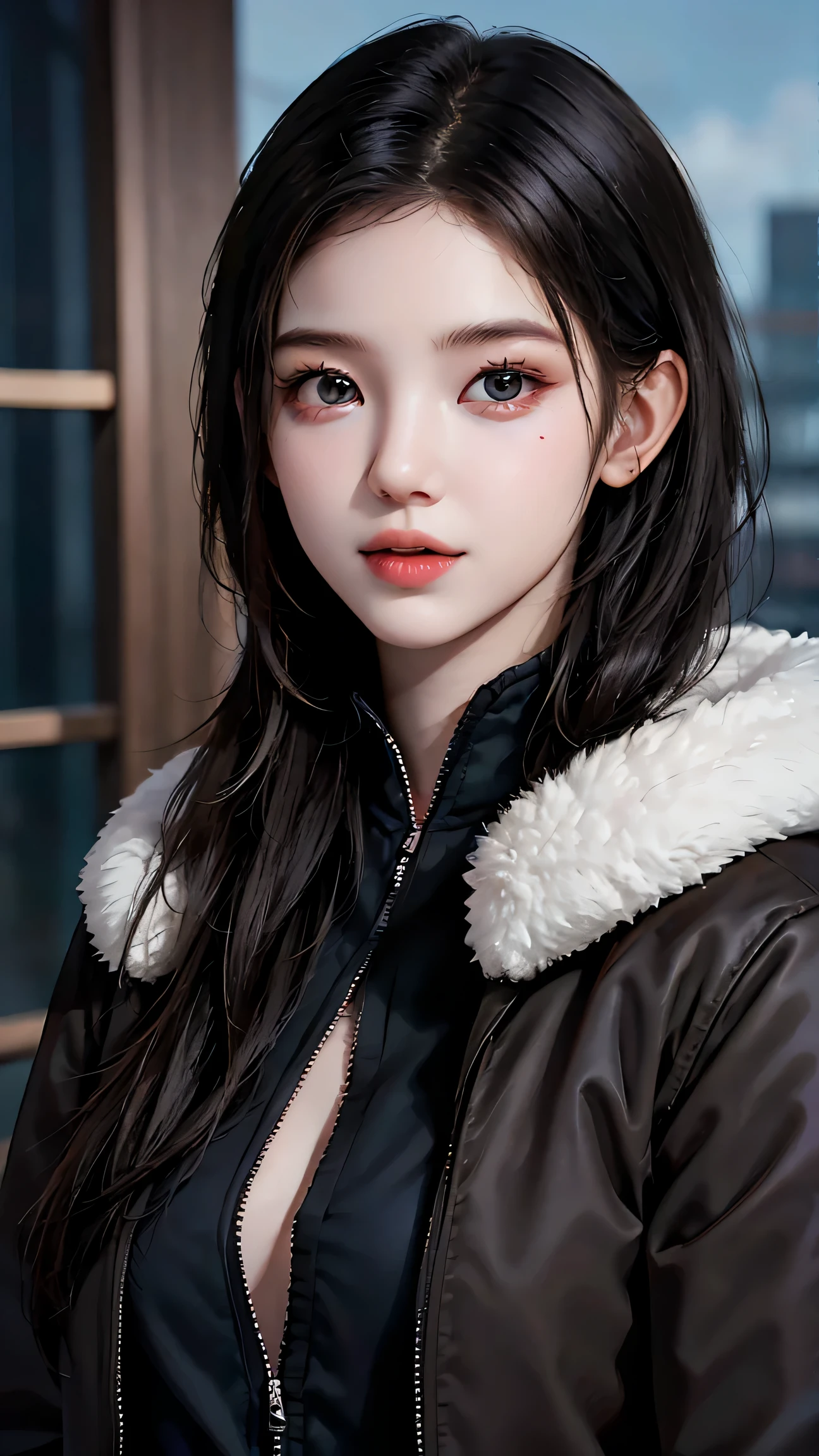 Beautiful girl with realistic black eyes, pale skin, medium length black hair, perfect face, perfect eyes, wearing a coat, very detailed, comprehensive movie, digital painting, 8K, cinematic lighting, highest quality, High resolution, great work, Post-processing, perfect result, surreal，(((revealing clothes)))，big breasts