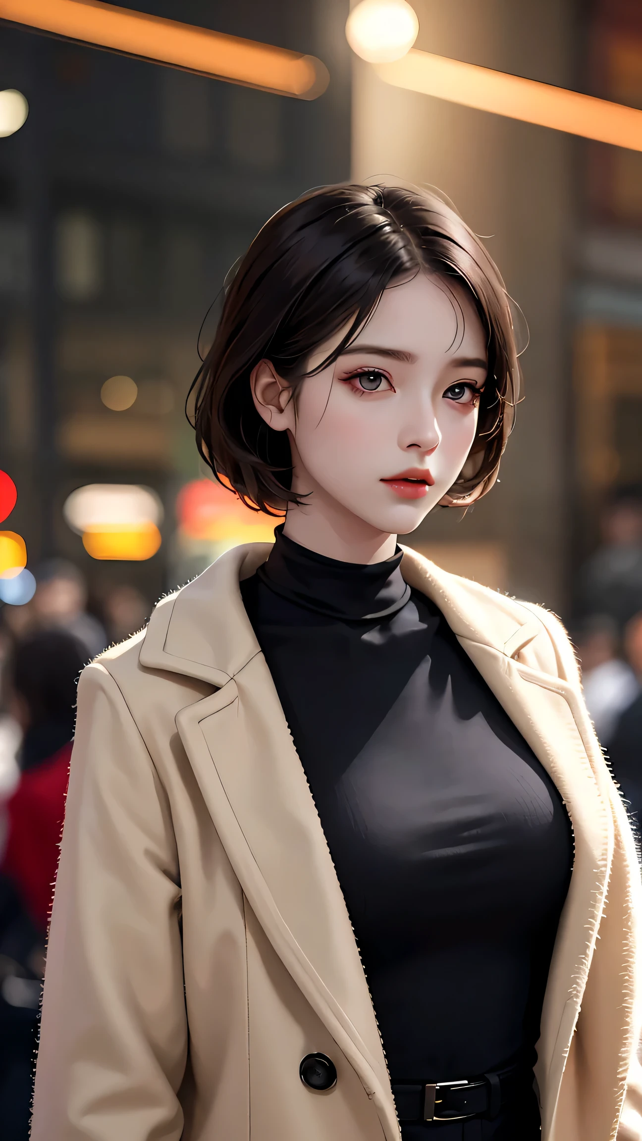 Beautiful girl with realistic black eyes, pale skin, medium length black hair, perfect face, perfect eyes, wearing a coat, very detailed, comprehensive movie, digital painting, 8K, cinematic lighting, highest quality, High resolution, great work, Post-processing, perfect result, surreal,(((revealing clothes))),big breasts