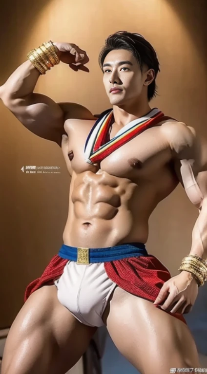 (best quality, Masterpiece: 1.2), Chinese Man, 20 years old, Dunhuang costume, sky flying muscles, Muscular Bodhisattva, full of muscle, flying costume, Muscular Bodhisattva, with head radius, Dunhuang flying man in the sky, beautiful, bright, Dunhuang style clothing, full body image, in the dunhuang desert, beautiful scenery