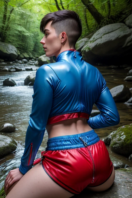 8k, best quality, (photorealistic:1.4), raw photo, 1boy, blue hooded cape, pose: sitting on a rock on all fours in a forest river, (red shorts with rear zipper:1.4), rear view, latex, (legs apart), crop top, facing camera, male features, (rear zipper on shorts:1.2), ass exposed