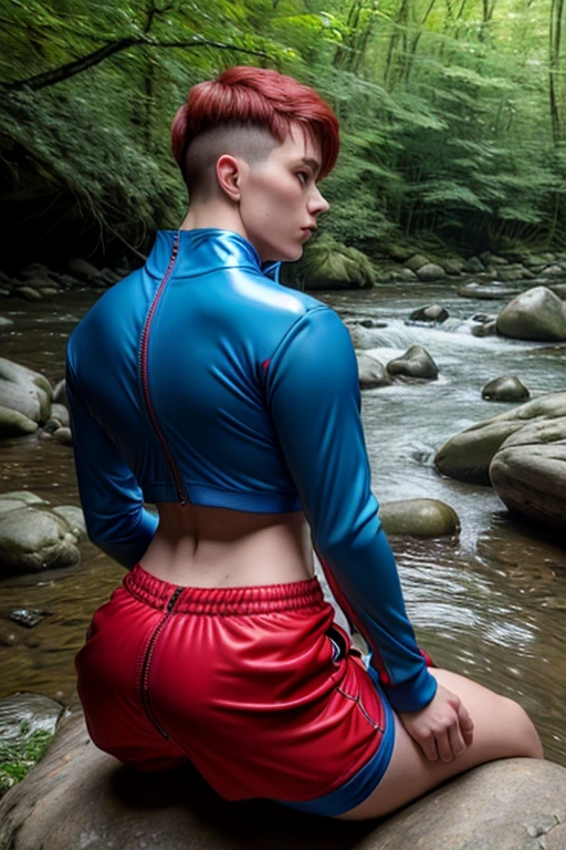 8k, best quality, (photorealistic:1.4), raw photo, 1man, (blue high cut crop top with long sleeves), pose: sitting on a rock in a river forest, (red shorts with rear zipper:1.3), side view, latex, (legs apart), facing camera, male features, showing off butt
