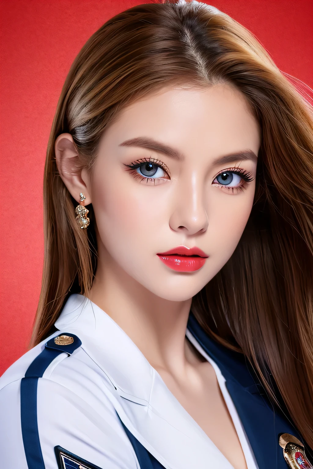 An unparalleled masterpiece, Ultra-realistic 8k CG, perfect artwork, ((perfect woman image)), mature woman, thin waist, charm, clean, beautiful face, {very delicate and beautiful girl} , 8k wallpaper, {masterpiece}, 1 girl, blonde hair, blue eyes, Sexy female police officer in a tight red uniform, American Drama「Charlie's Angels」、long hair, red lips,double eyelid、I'wearing mascara、 simple background, alone, (shiny skin),Holding a Beretta M92F handgun、full body shot、