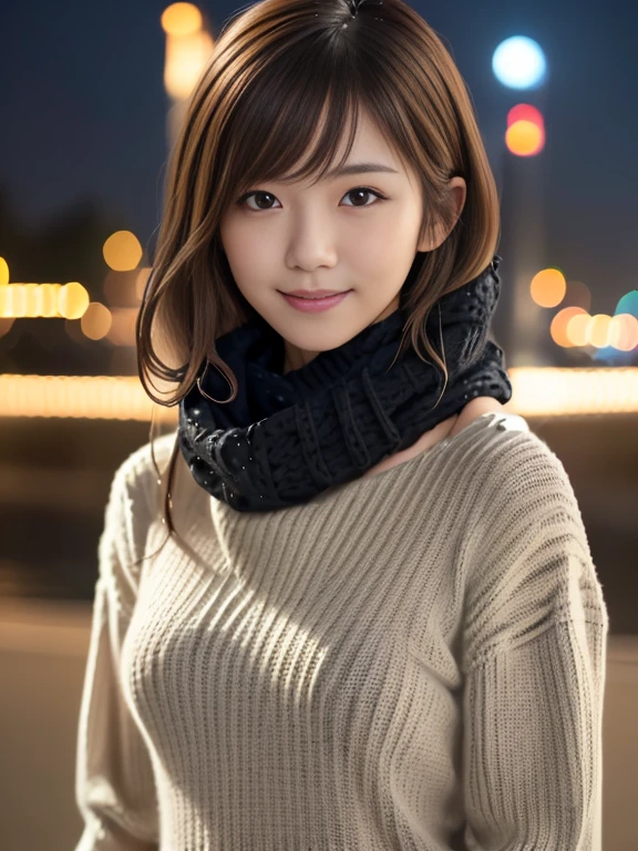 1 Japanese idol,(black sweater:1.4),(She wears a knitted snood around her neck to hide her chin.........:1.5), (Raw photo, highest quality), (realistic, Photoreal:1.4), short hair, narrow side, table top, very delicate and beautiful, very detailed, 8k wallpaper, wonderful, finely, very detailedCGの統一性, High resolution, soft light, beautiful details, 19 years old, very detailed目と顔, beautiful detailsed nose, detailed and beautiful eyes,cinematic lighting,night city lights,perfect anatomy,slender body,smile  (hair is dirty, asymmetrical bangs, light brown hair,)