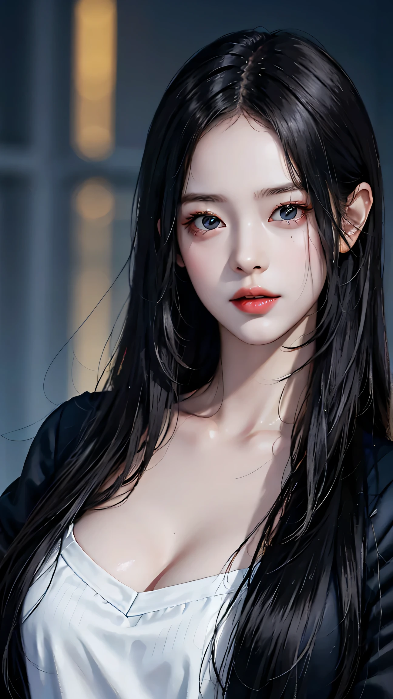 Beautiful girl with realistic black eyes, pale skin, medium length black hair, perfect face, perfect eyes, wearing a coat, very detailed, comprehensive movie, digital painting, 8K, cinematic lighting, highest quality, High resolution, great work, Post-processing, perfect result, surreal，(((revealing clothes)))，big breasts