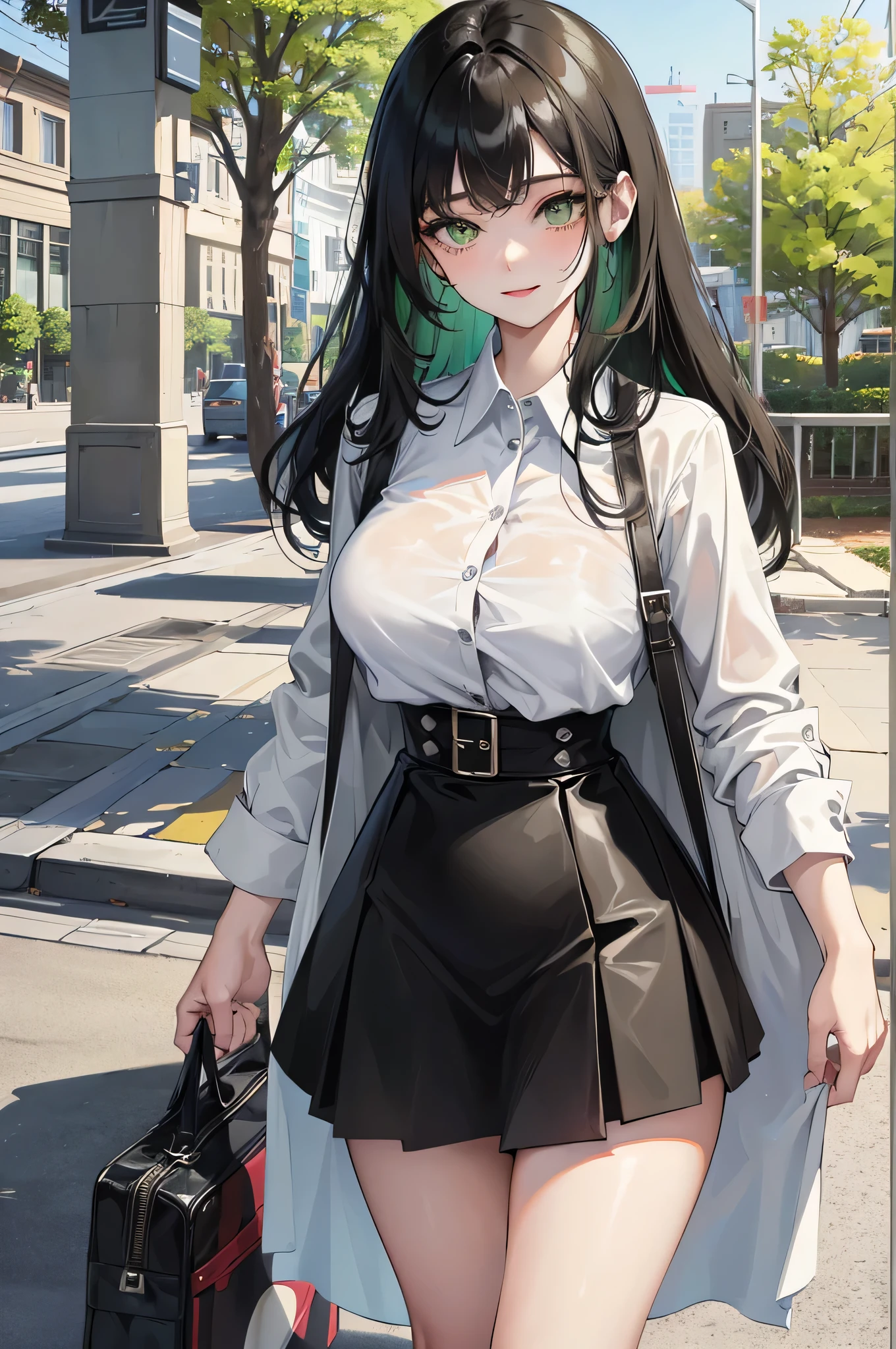 1 girl, long black hair, ((vibrant green eyes)), smiling, ((beautiful)), bangs, above things only, white shirt, black skirt to her knees, mature body, cute, large breast, thick thighs, cloth that covers most of the body, leaning against railing.