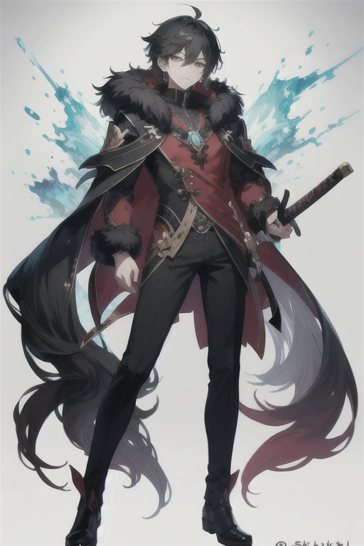 ((best quality)), ((masterpiece)), (detailed), perfect face 1boy in a red coat and black pants with a sword, genshin impact character, noble character design, , anime character design, character adoptable, keqing from genshin impact, shadowverse design, male , black hair with hair highlights gradient, male punk theme,fur-trimmed jacket,wolf theme messy hair, mullet hair, with earring and pieces, aqua green amulet,full body