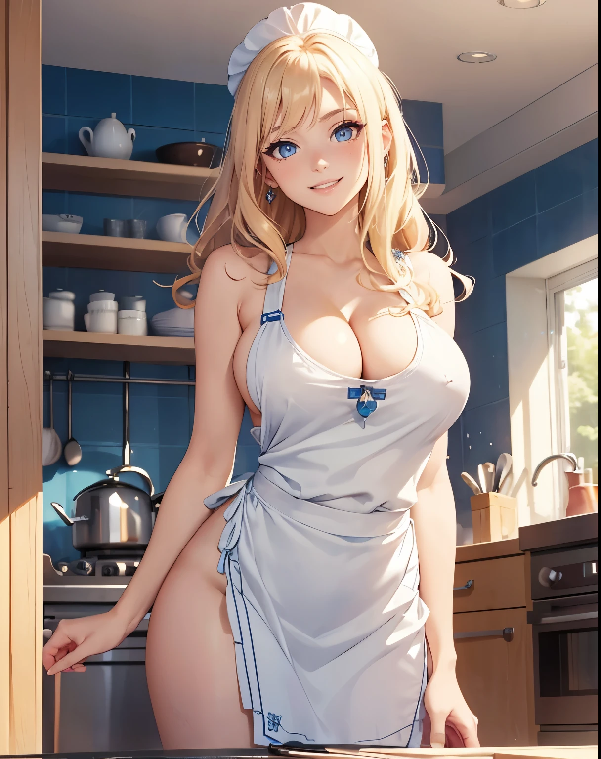 1girl, (Blue Eyes), (smiling :1.2), (Sana Minatozaki), (beautiful makeup :1.2), wide ????, Big ????, big ???, (Best Quality, 8k, Masterpiece: 1.3), Clear Focus: 1.2, Perfect Body Beauty: 1.4, strong abs, Highly detailed face and skin texture, detailed eyes, double eyelids, (blond long hair :1.2), (cleavage white apron :1.2), ????, standing, ????????? :1.2, in the kitchen, view from below