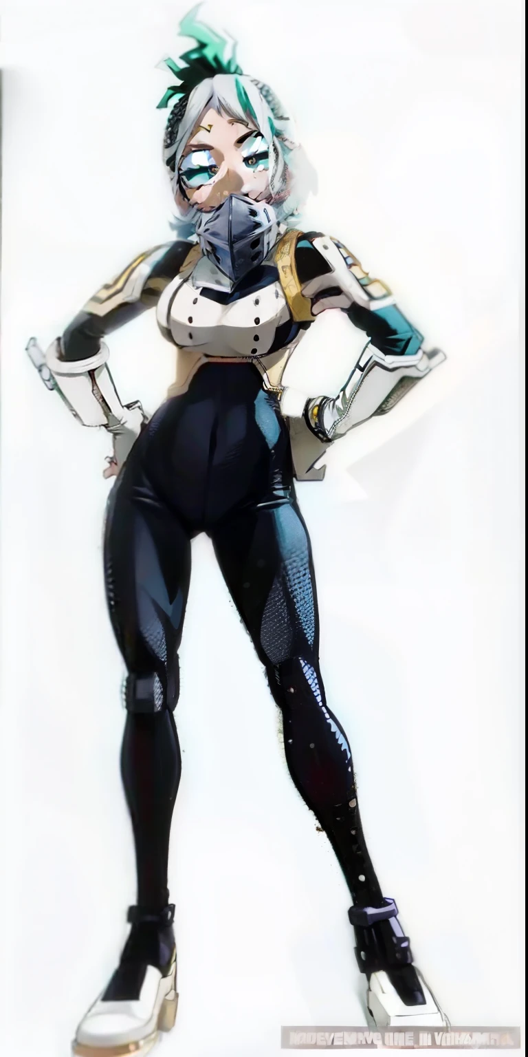 My Hero Academia style, anime Girl, female, trending on artstation pixiv, (full body shot:0.5), wide hips, wide thighs, large breast, head covering, helmet, face covering, mask, hero costume, full body costume, white costume with black top, Perfect anatomy, super detailed,