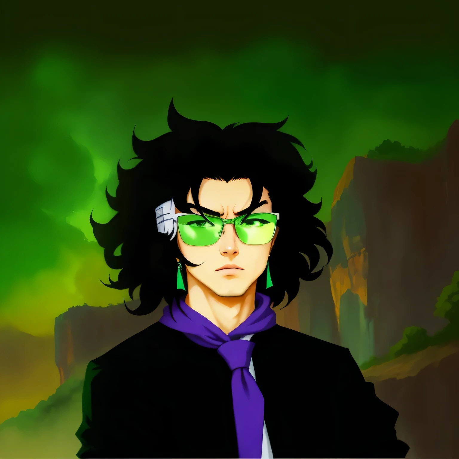 anime character with glasses and a purple tie and green eyes, inspired by Iwao Takamoto, in the art style of 8 0 s anime, kentaro miura art style, handsome guy in demon slayer art, 8 0 s anime style, inspired by Yamagata Hiro, [ digital art ]!!, in anime style, posing as a jojo character, handle black long stick, with black eagle wings in the top stick, fuul body, black armor, use black trousers, cool pose
