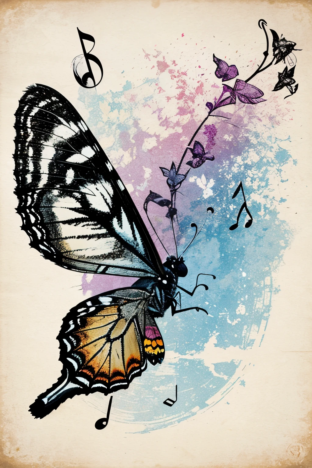 Butterfly flying one wing faded to music notes