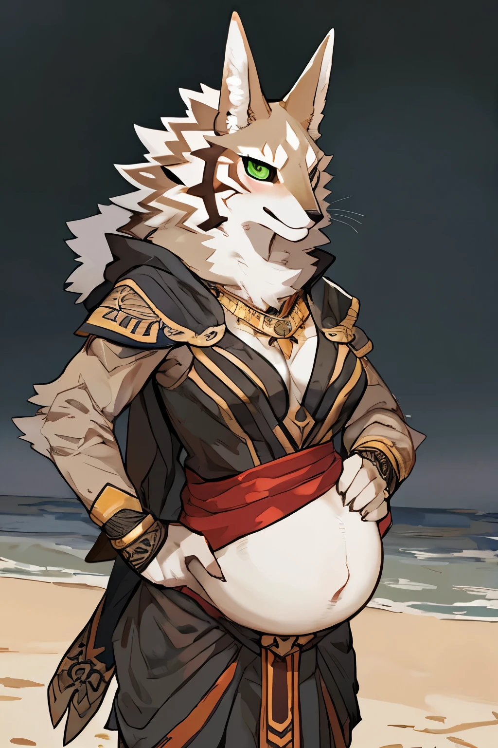 ((By Bebebebebe, by SpiritD, by K0BIT0WANI, best quality, masterpiece, perfect anatomy, detailed picture)), 1female, Seth, (Tokyo Afterschool Summoner), sexy body, breasts, Assassin's Creed armor, brown furs, jackal, black sclera, green eyes, red blushing, shy, in the beach, pregnant
