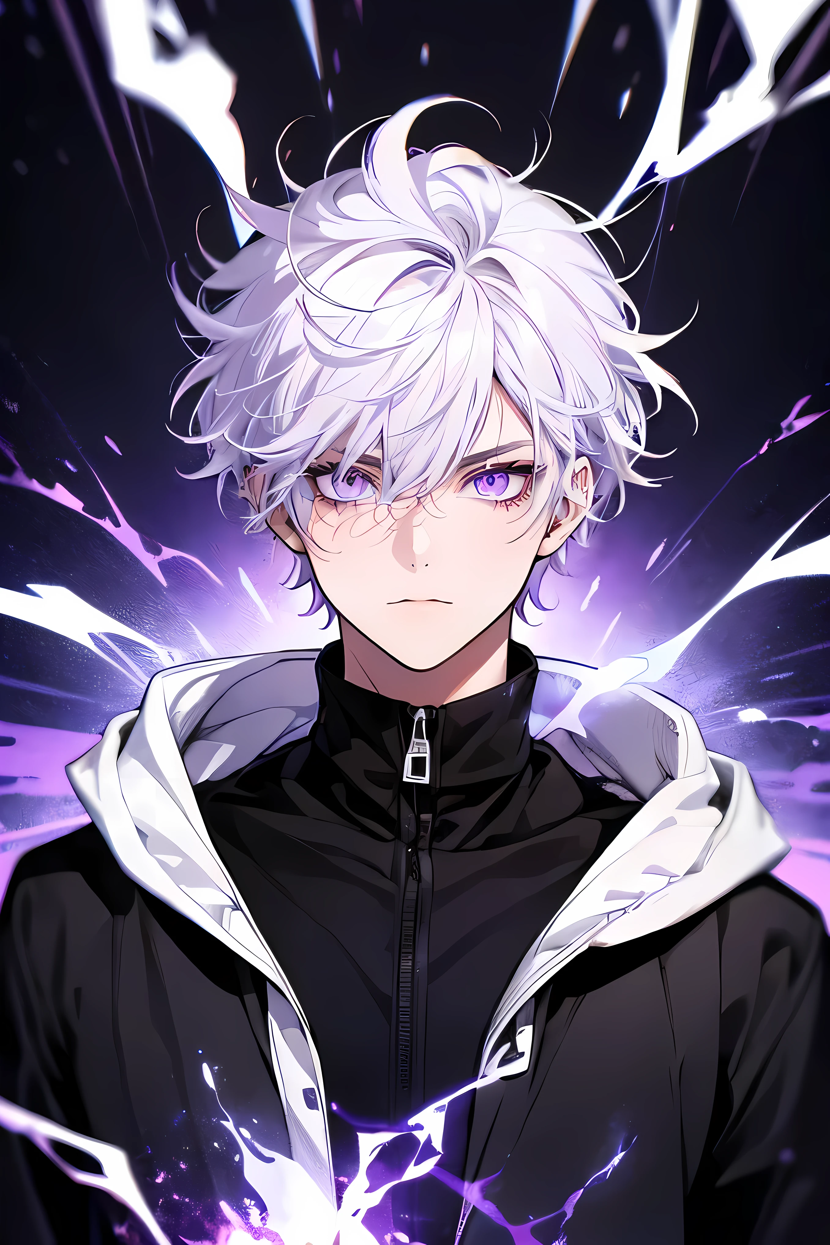 (best quality, highres), ultra-detailed, pure white hair, messy, violet eyes, magic, vibrant colors, all black wear, t-shirt