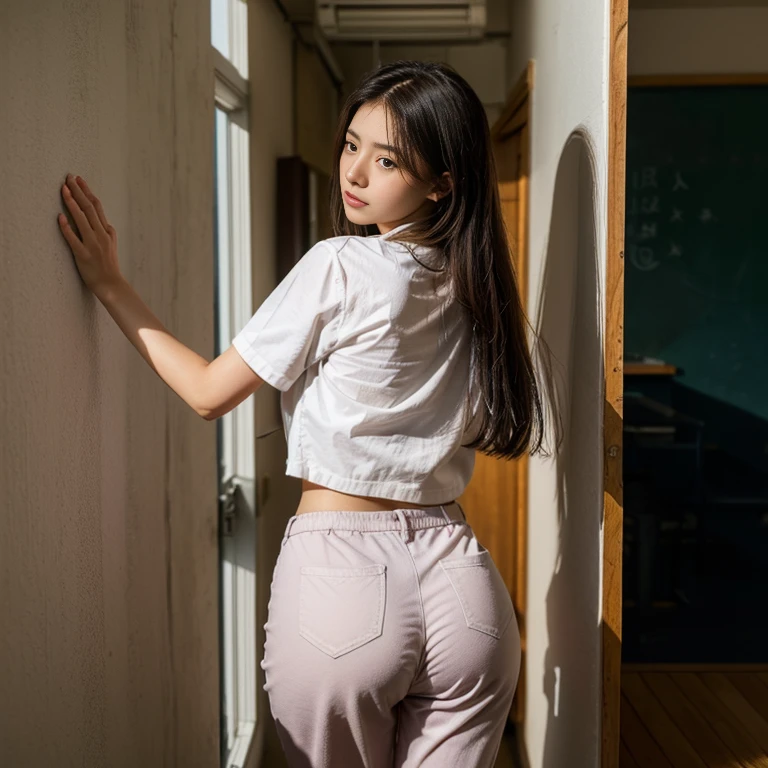 Beautiful Japanese  high school wearing sailor suits（15 years oldview from behind showing the pants、 She leaned against the wall、stick out your butt、The scene takes place in a classroom.、NSFW、(highest quality、4K、High resolution、masterpiece:1.2)、Super detailed、real:1.37、professional、Bright colors、Bokeh、Natural light、cr1r3、majastrojek