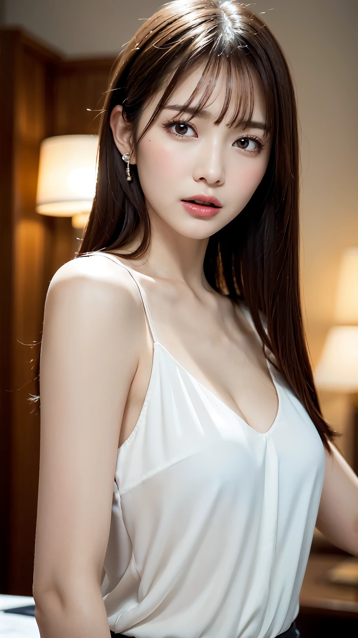 1 female, close up of face, Medium chest, light brown hair, dull bangs, hair behind the ear, shoulder hair, long hair, slender body shape, Extra-fine face, thin face, delicate lips, beautiful eyes, light blush, eyes are light brown, perfect shiny skin, perfect skin, Shining sweat,take a look here, ultra thin hands, extra thin fingers, Optimal ratio of 4 fingers and 1 thumb, (realistic:1.3), finger extension, see-through white blouse, The rotor is inside the vagina, ecstasy face, climax expression, View viewer, ((I can not stand it:1.5)), fujifilm, f/1.2, 8K, table top, nffsw, Super detailed, high quality, 最high quality, High resolution,
