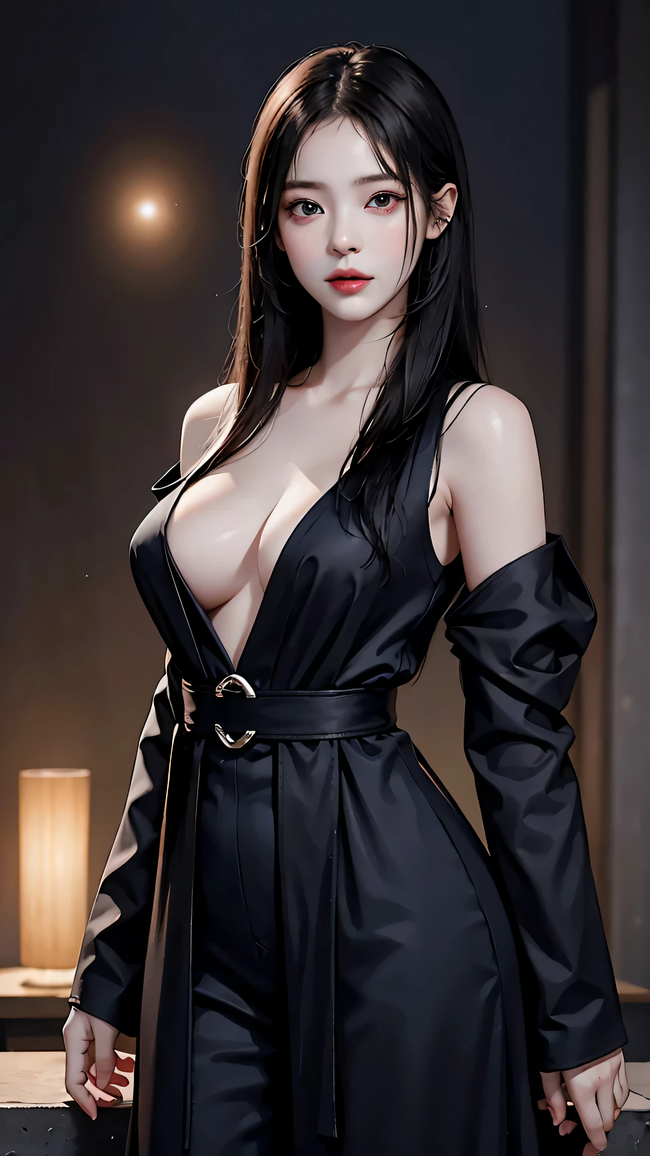 Beautiful girl with realistic black eyes, pale skin, medium length black hair, perfect face, perfect eyes, wearing a coat, very detailed, comprehensive movie, digital painting, 8K, cinematic lighting, highest quality, High resolution, great work, Post-processing, perfect result, surreal，(((revealing clothes)))，big breasts, erect nipples