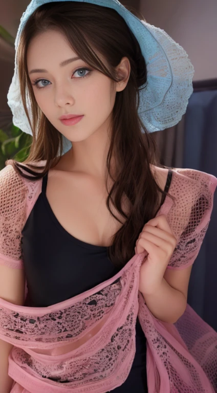 8K, highest quality, intricate details, Super detailed, ultra high resolution, masterpiece, random angle, thin, smile, close up shot, (compensate: 0.4), (ふわふわのblue eyes: 1.21), blue eyes, looking at the viewer, ((full body)), 1 girl, alone, 1 girl, (( full body)), close up shot, , ((expensive)), (((fit the body))), (((slim face))), sharp face, clear eyes, ((( brown hair, Pink Mesh,long hair, )) , (detailed face), sharp face, thin lips, ((black costume)), ((Black Camisole Dress)), detailed face, detailed chest, , Soft-looking chest, detailed butt,perfect body, leg details,Korean beauty,Hosomi,
